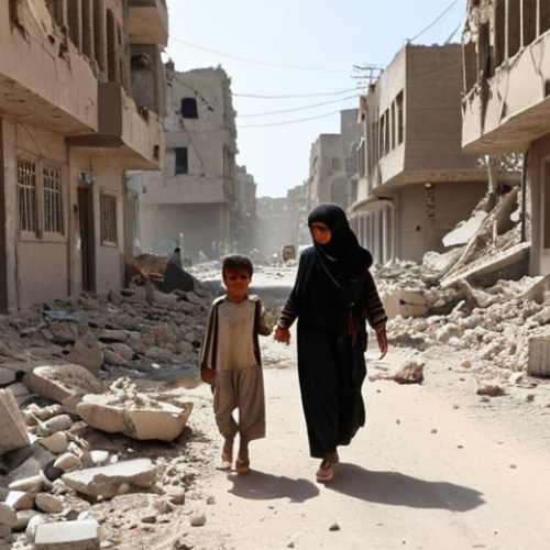 Home 4 **
A devastating scene of a Yemeni city street, showcasing the aftermath of an airstrike. Crumbling buildings, dust-filled air, and civilians, including women and children, searching through the rubble. Focus on the human cost of the conflict and the destruction of infrastructure. Include remnants of a precision-guided munition.
**