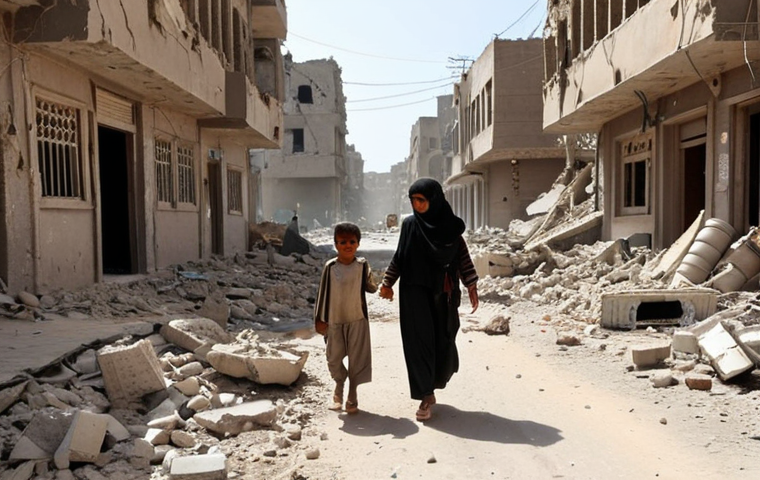 **
A devastating scene of a Yemeni city street, showcasing the aftermath of an airstrike. Crumbling buildings, dust-filled air, and civilians, including women and children, searching through the rubble. Focus on the human cost of the conflict and the destruction of infrastructure. Include remnants of a precision-guided munition.
**