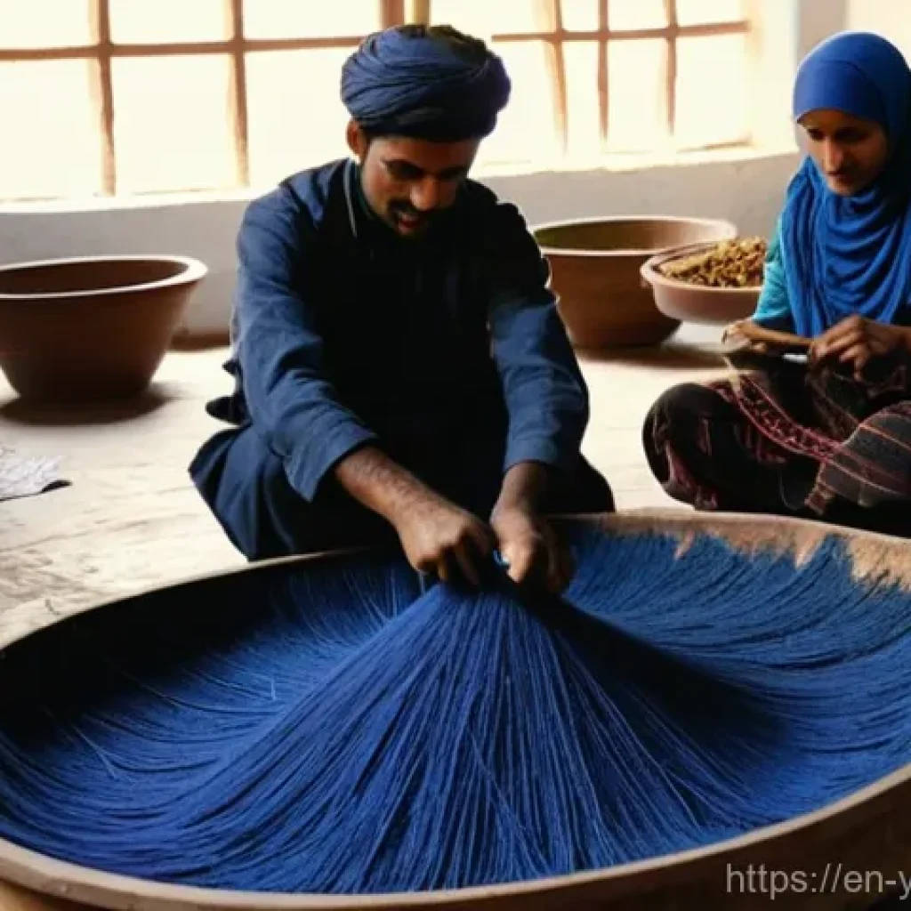 예멘 전통 천연 염료 제작법 - **Prompt:** A vibrant, bustling scene inside a traditional Yemeni dye workshop, bathed in warm, natu...