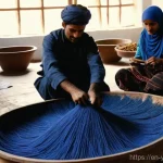 예멘 전통 천연 염료 제작법 - **Prompt:** A vibrant, bustling scene inside a traditional Yemeni dye workshop, bathed in warm, natu...