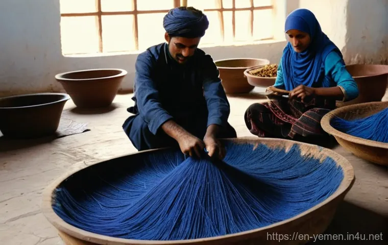 예멘 전통 천연 염료 제작법 - **Prompt:** A vibrant, bustling scene inside a traditional Yemeni dye workshop, bathed in warm, natu...