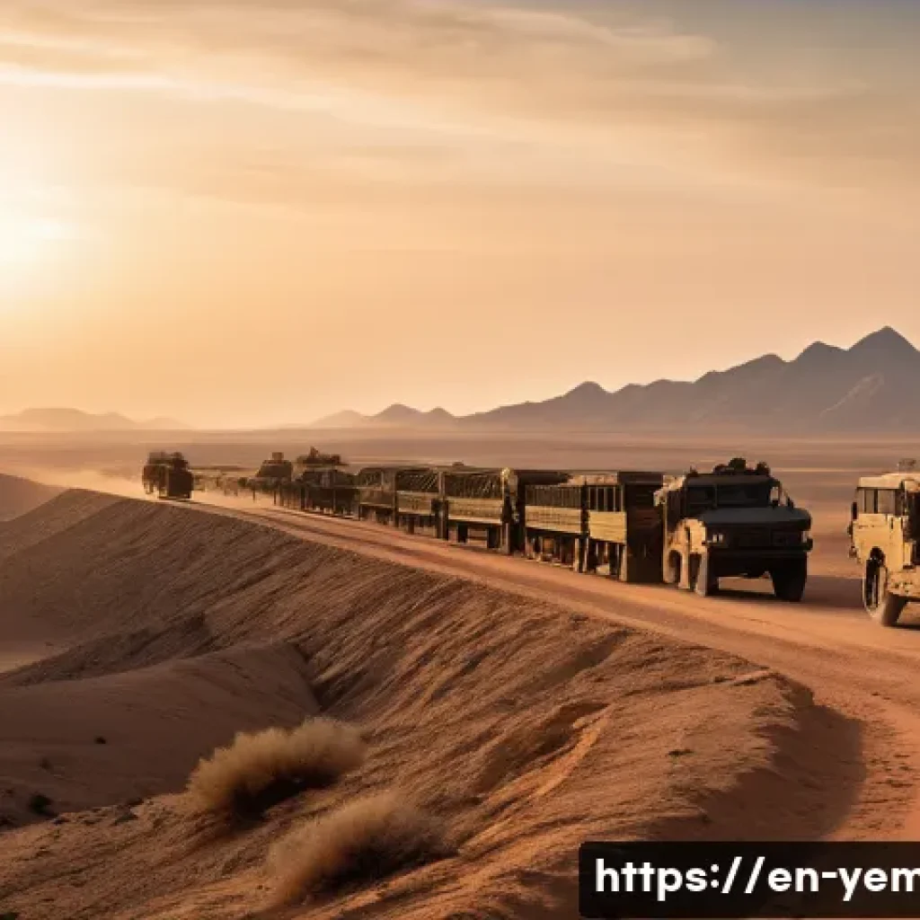 예멘 내 무기 밀거래 - A detailed scene of a fragmented arms smuggling route in a desert border area, showing rugged terrai...