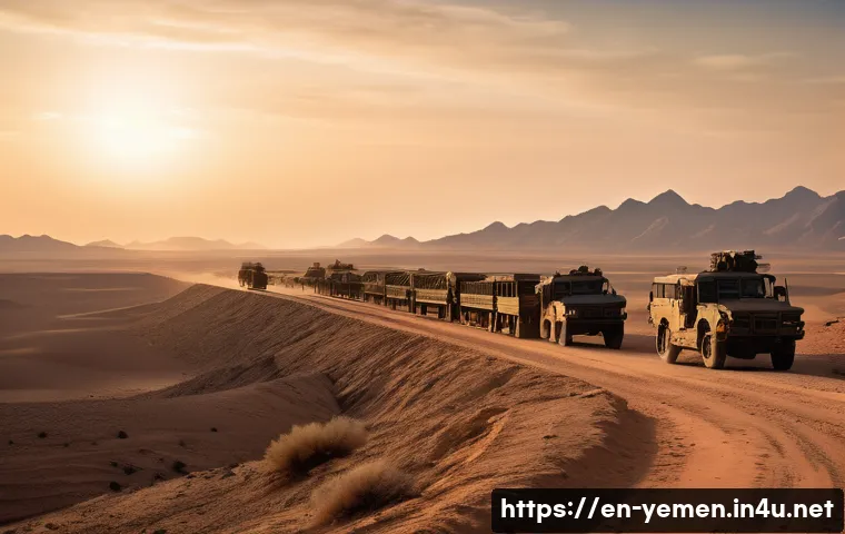 예멘 내 무기 밀거래 - A detailed scene of a fragmented arms smuggling route in a desert border area, showing rugged terrai...