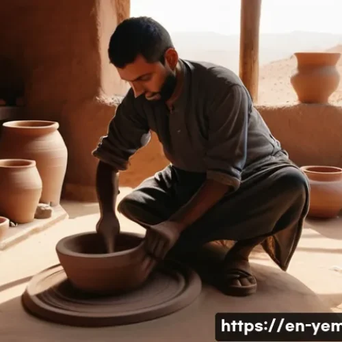 예멘 전통 도자기 제작 기술 - A skilled Yemeni artisan shaping clay on a traditional manual pottery wheel in a sunlit rural worksh...