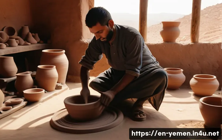 예멘 전통 도자기 제작 기술 - A skilled Yemeni artisan shaping clay on a traditional manual pottery wheel in a sunlit rural worksh...