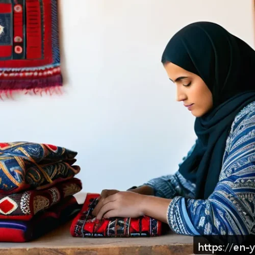 예멘의 유행 패션 트렌드 - A stylish young Yemeni fashion designer collaborating with local artisans in a sunlit workshop, surr...