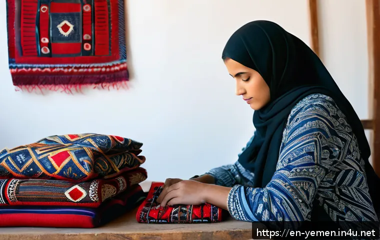 예멘의 유행 패션 트렌드 - A stylish young Yemeni fashion designer collaborating with local artisans in a sunlit workshop, surr...