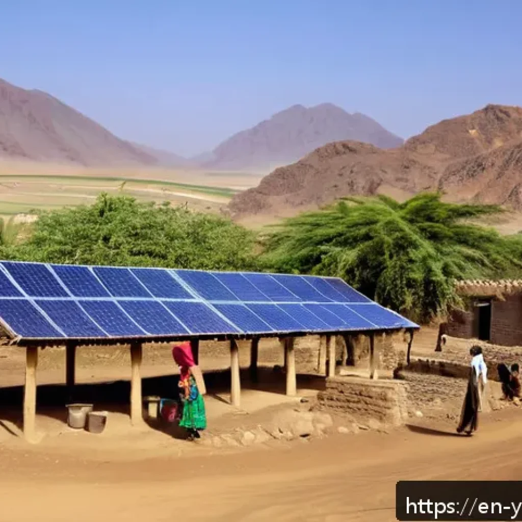 예멘 내 수돗물 보급 문제 - A remote Yemeni village scene at sunrise featuring a solar-powered water pump system installed near ...