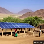 예멘 내 수돗물 보급 문제 - A remote Yemeni village scene at sunrise featuring a solar-powered water pump system installed near ...