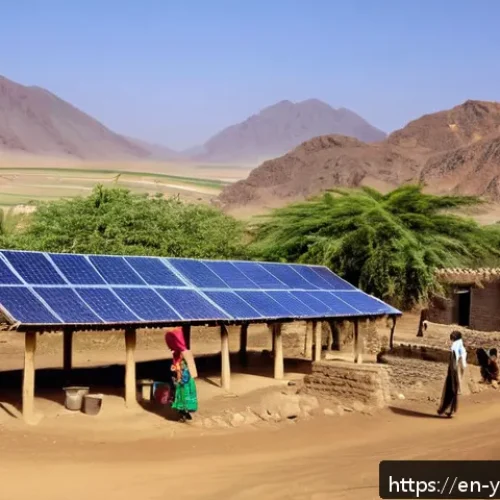 예멘 내 수돗물 보급 문제 - A remote Yemeni village scene at sunrise featuring a solar-powered water pump system installed near ...