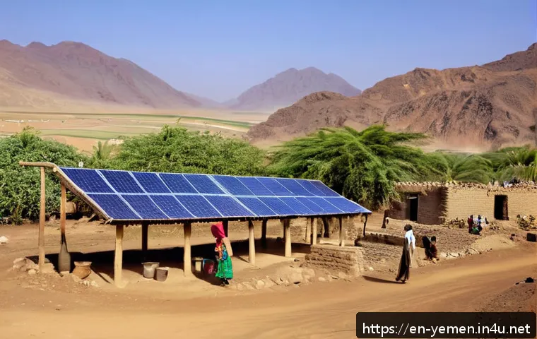 예멘 내 수돗물 보급 문제 - A remote Yemeni village scene at sunrise featuring a solar-powered water pump system installed near ...