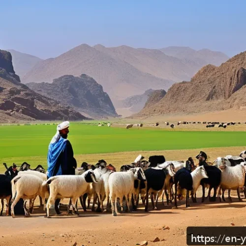 예멘 가축 사육 및 농업 - A vibrant pastoral scene showing Yemeni herders using a combination of traditional nomadic herding m...